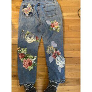 OOAK SAVED JEANS REFASHIONED UPCYCLED PATCHED DISTRESSED WASHED AND FRINGED 16A